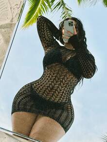 Swim SXY Vestido de manga larga con diseño calado y sexy para mujer - Negro - Ver 4