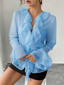 Rafferiza French Elegant Solid Color Chiffon Lantern Sleeve V-Neck Tie Front Loose Regular Autumn Ladies Blouse Fall Cloth For Women - Blue - View 5