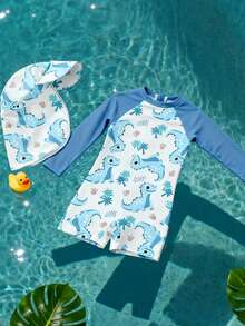 SHEIN 婴幼儿男童恐龙印花拉链连体泳衣（含帽子）套装 - 彩色 - 查看 3