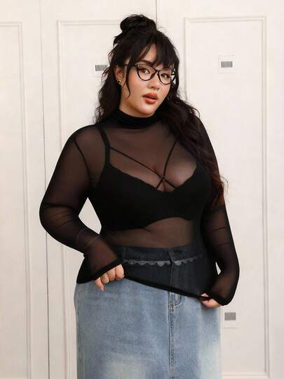 CovetEZ Plus Size Women Sheer Mesh Black Blouse (No Bra) See Through Tops Plus Size Black Mesh Top Plus Size Sheer Top Black Sheer Top