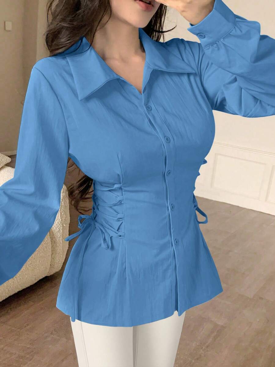 Modelyn Drawstring Tie Neck Minimalist Solid Color Long Sleeve Women Blouses - Blue - View 1