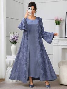 SHEIN Najma 优雅缎面拼接提花面料女式长袍 - 藍色 - 查看 5