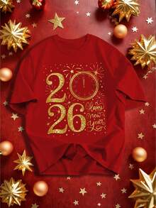 Manfinity Homme Áo thun cổ tròn in họa tiết năm mới 2026 dành cho nam - Đỏ - Xem 2