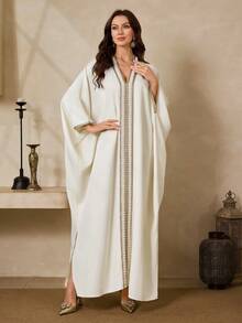 Al Najma Women's V-Neck Faux Pearl Decor Casual Loose Vacation Party Arabic Batwing Sleeve Dress Kaftan Jalabiya Dress - Apricot - View 10