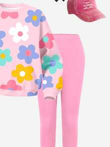 1 Set Girls Back To School Fashion Dotted Bow Print Crew Neck Sweatshirt And Black Leggings Outfit, Fall Clothes - Multicolor - View 4