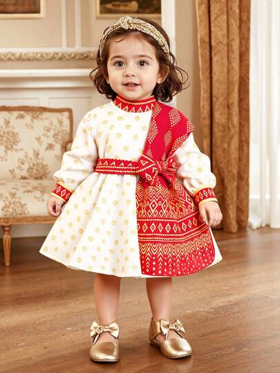 3 件套女婴 0-3 岁优雅传统连衣裙套装，金色波点，圆领纽扣泡泡袖连衣裙 + 撞色披肩 + 腰带，适合所有季节，日常穿着，户外活动，派对。