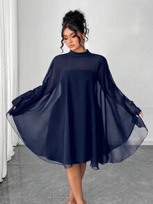 Elenzga 大码女士简约时尚雪纺披肩和无袖短裙两件套 - 藏蓝色 - 查看 1