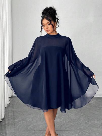 Elenzga Plus Size Women's Minimalist Fashion Chiffon Shawl & Sleeveless Short Dress 2-Piece Set Cape Dress Navy Blue Dress Elegant Dress Navy Blue Plus Size Dress Sheer Dress Plus Size Maweii Plus Size Dress Curve Elegant Dress