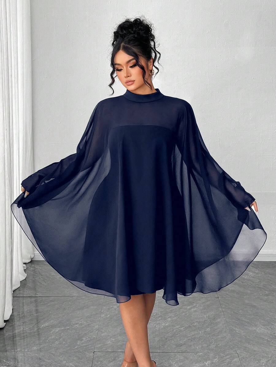 Elenzga 大码女士简约时尚雪纺披肩和无袖短裙两件套 - 藏蓝色 - 查看 1