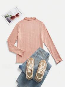 SHEIN EZwear 女式加大码罗纹针织长袖T恤，莲藕粉色 - 藕粉色 - 查看 6