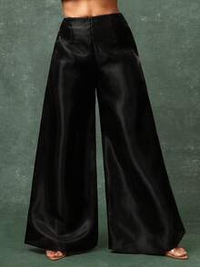 Vixey 透明亮面欧根纱超阔腿裤，带衬里 - 黑色 - 查看 2