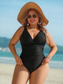 Swim Lushoire 2026新款加大码女士夏季沙滩度假连体泳衣，黑色修身优雅连体泳衣，褶皱腰部扭结肩带设计 - 黑色 - 查看 6