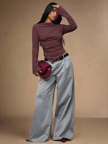 SHEIN BAE Women's Solid Color Long Sleeve Ruched Asymmetric Hem Fashionable Top - Burgundy - View 9
