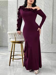 Modelyn 女士纯色荷叶边不对称领长袖鱼尾修身优雅连衣裙 - 紫色 - 查看 3