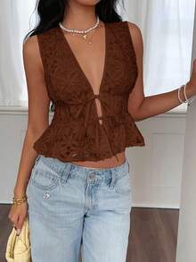 Serisse Blusa sin mangas con nudo delantero y estampado floral 3D, para verano - Marrón - Ver 5