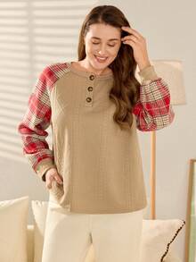 Momelise Plus Size Jacquard Plaid Patchwork Crew Neck Pullover Loose Casual Sweatshirt For Women - Khaki - View 4