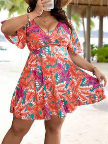 Swim Lushoire 大码女式热带植物印花荷叶袖泳衣连衣裙，配三角泳裤 - 彩色 - 查看 3