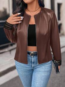 SHEIN Clasi 大码女式休闲前拉链夹克 - 棕色 - 查看 6