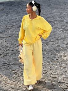 Muchica This Loose-Fitting Sweatshirt Features An Applique Letter Embroidery On The Front, A Drop-Shoulder Design, And Is Comfortable And Versatile. Suitable For Back-To-School, Autumn/Winter, Christmas, And Various Other Occasions, It's Cute, Casual, And Has, Versatile Style. A Must-Have Item For Any Capsule Wardrobe, This Creamy Yellow Christmas-Themed Sweatshirt Has A Lovely Feel. - Yellow - View 3