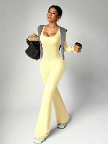 Dewbera Women's Autumn/Winter Jumpsuit, Black Tight-Fitting U-Neck Long Sleeve, Cross Back Strap, Fitted Front Panel, Flared Leg Hem, Suitable For Casual, Running, Yoga, Gym, Tennis And Other Activities - Yellow - View 4