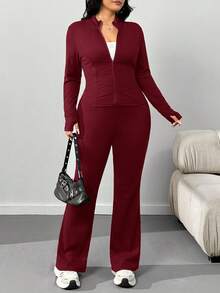 SHEIN EZwear Setelan 2 Potong Jaket Yoga Ringan Kasual Ukuran Besar dan Celana Flare, Pakaian Musim Gugur untuk Wanita - Burgundy - View 10