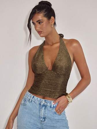 SHEIN BAE Damtopp med enfärgad, glansig djup V-ringning och rynkad, sexig och moderiktig halterneck