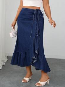 SHEIN Elenzya Váy denim viền bèo nhún màu xanh navy thanh lịch cỡ lớn dành cho nữ - Rửa tối - Xem 1