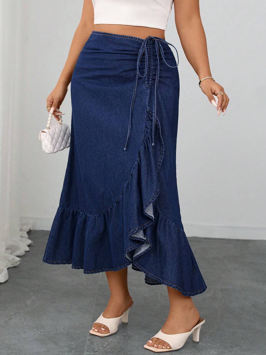 SHEIN Elenzya Váy denim viền bèo nhún màu xanh navy thanh lịch cỡ lớn dành cho nữ - Rửa tối - Xem 1