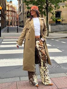 SHEIN EZwear 女士休闲系腰长袖风衣，秋冬款 - 卡其色 - 查看 5