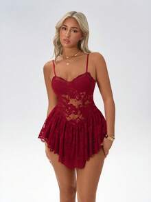 Amplova 女士迷你吊带裙，细肩带，性感前卫透视，适合晚会 - 紅色 - 查看 4