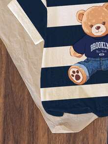 SHEIN Playful Pals Baby Boy Fashionable & Comfortable Casual Crew Neck Short Sleeve T-Shirt Set, Featuring Cute Bear & Striped Allover Print Design, Loose Fit Crew Neck Tee, Spring/Summer Outfit, Streetwear, Suitable For Outdoor Picnic, Street Photography, Campus, Holidays, Gifts - Multicolor - View 5