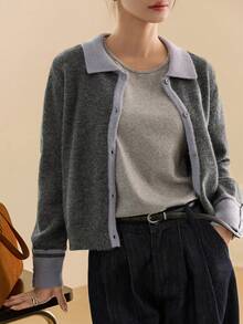 Dazy-Less 女士休闲宽松撞色长袖开衫毛衣，时尚百搭，适合秋冬季商务休闲场合。 - 灰色 - 查看 4