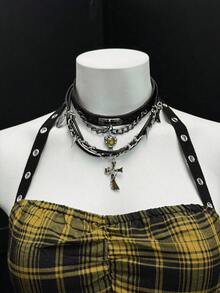 EgrlEra 女士格子镂空装饰系领多层不对称荷叶边下摆时尚派对迷你连衣裙 - 黃色 - 查看 4