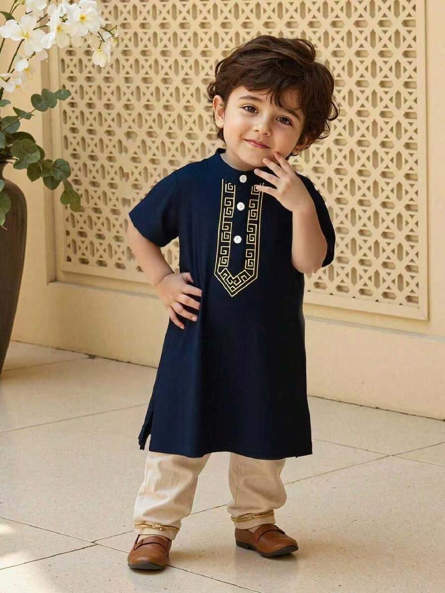 SHEIN Top de manga corta estilo medio oriental sencilla para niños, verano - Azul Marino - Ver 1