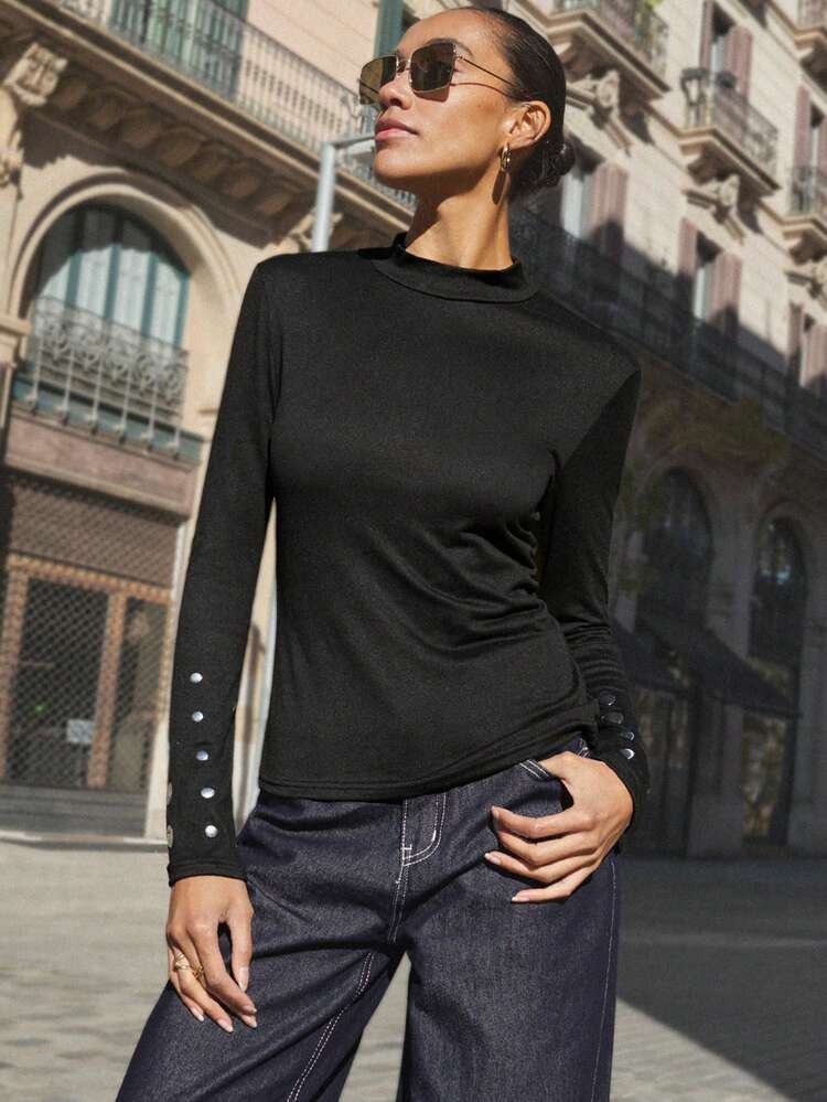 SHEIN Maija Women's Solid Color Stand Collar Long Sleeve Button Design Fitted Casual T-Shirt Black Christmas For Women Black Top Gothic Top Cozy  Occasions Polka Dot Top High Stretch Top Stylish Collection