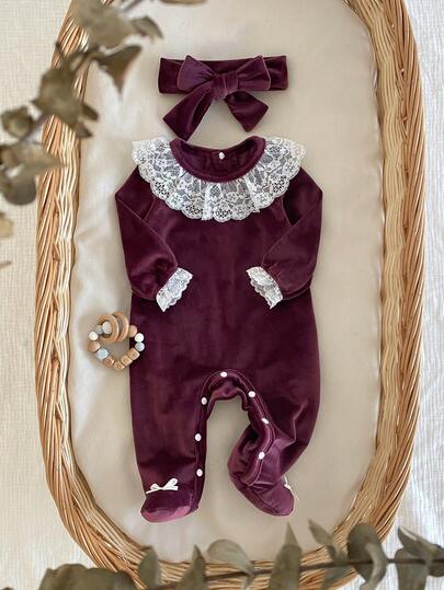 2pcs Newborn Baby Girl Fleece Romper With Lace Trim, Long Sleeve Footie Jumpsuit & Headband Set, Elegant Princess Style, Autumn/Winter Baby Girl Jumpsuit Baby Ruffle Romper Baby Girl Clothes With Bow Newborn Fall Romper Berry First Birthday Outfit Baby Girl Clothes With Bow For Fall Jumpsuit For Baby Girl Elegant Valentine's Day