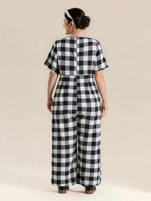 Momelise 大码女式宽松休闲短袖格子印花棉质连体裤，春季