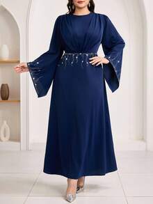 Veilorie Robe élégante plissée avec décoration de strass et manches évasées pour femmes grandes tailles