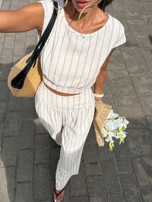 Serisse Women's Striped Round Neck Dolman Sleeve Shirt And Wide Leg Pants Casual 2 Pieces Set - Black and White - View 6