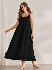 Ocili Camisón de algodón con bordado abierto por delante, cómodo y elegante para otoño, talla grande para mujer - Negro - Ver 5