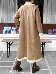 SHEIN EZwear 女士棕色格子绒面翻领双排扣大衣，秋冬款 - 卡其色 - 查看 2