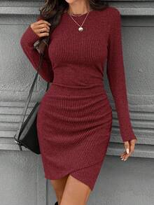 SHEIN LUNE 秋季长袖褶皱收腰修身优雅罗纹短款连衣裙，黑色秋季连衣裙，休闲款 - 紅色 - 查看 4