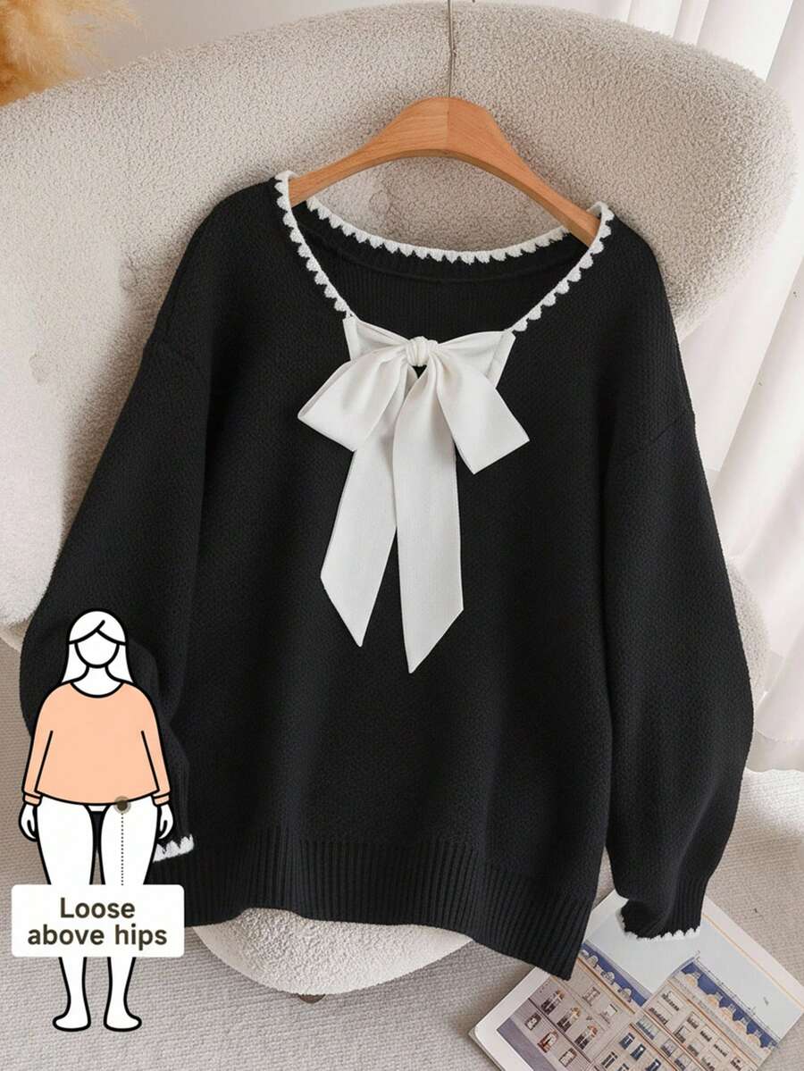 CosyJoli 大码羊毛套头衫，蝴蝶结女式上衣，可爱秋冬服装，大码女式羊毛套头衫，保暖套头毛衣 - 黑色 - 查看 1