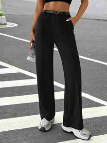 Muchica Women's Casual Solid Color Straight Leg Pants With Belt In Fall/Winter - Black - View 1