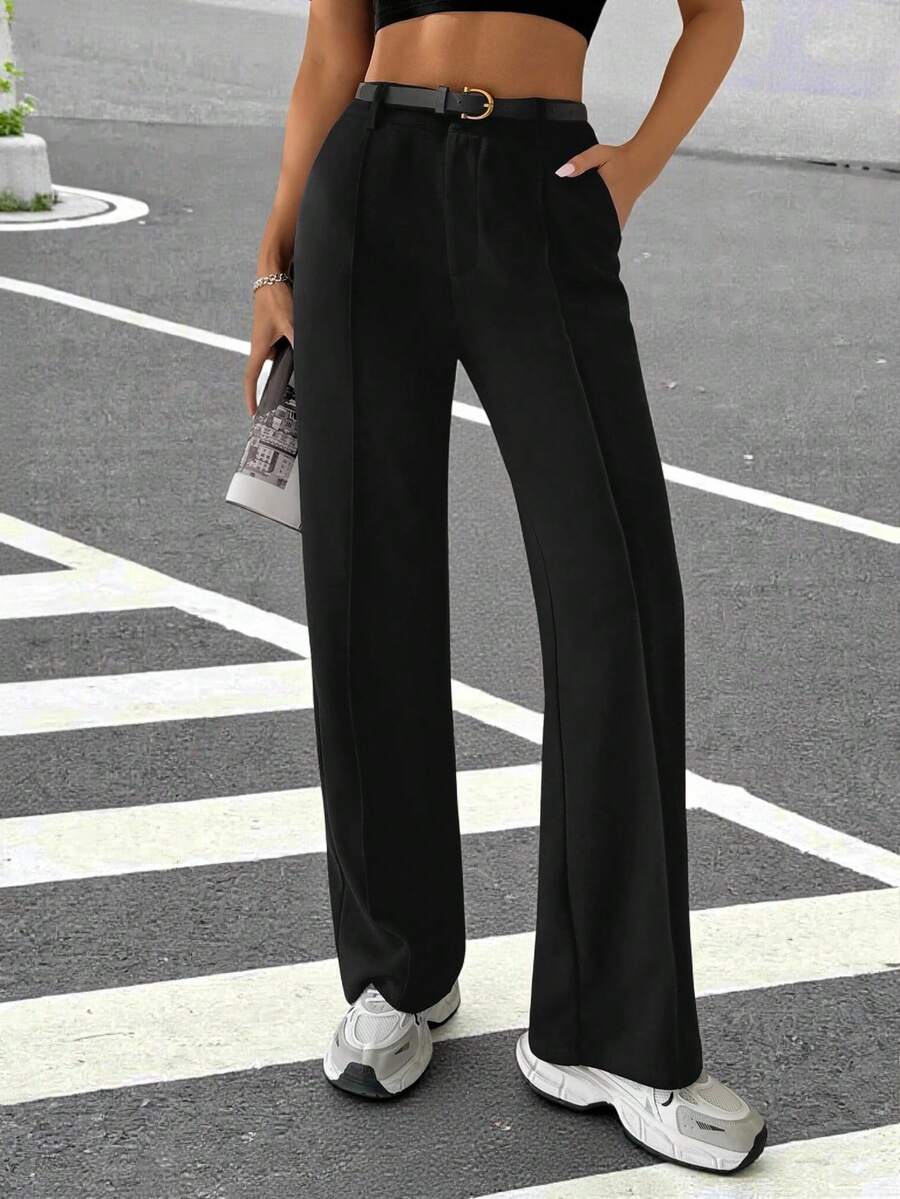 Muchica Women's Casual Solid Color Straight Leg Pants With Belt In Fall/Winter - Black - View 1