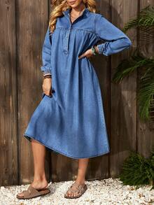 EMERY ROSE Women's Long Sleeve Button Half Placket Casual Loose Denim Dress Winter New Year - Medium Wash - View 3