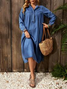 EMERY ROSE Women's Long Sleeve Button Half Placket Casual Loose Denim Dress Winter New Year - Medium Wash - View 7