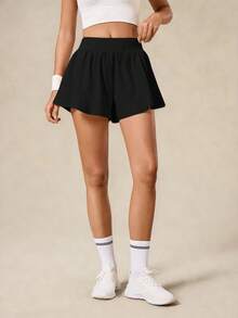 OutZeal 女士健身短裤 黑色运动短裤 内置短裤 荷叶边下摆设计 带口袋 运动短裤 - 黑色 - 查看 7