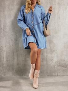 EMERY ROSE Women's V-Neck Raglan Sleeve Single-Breasted Casual Denim Dress - Blue - View 3