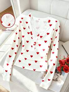 Franclia Áo thun nữ lãng mạn ngày Valentine với họa tiết trái tim, viền ren, cúc in màu trắng và đỏ, tay dài, xếp ly hai bên eo, thích hợp cho mùa đông, Giáng sinh, Năm mới, tiệc tùng, đi biển, thanh lịch. - Nhiều màu - Xem 6